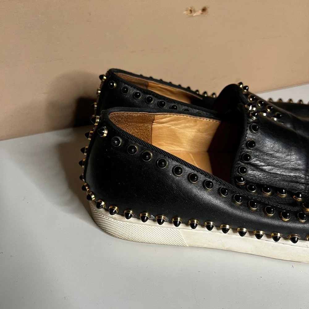 Christian Louboutin Roller Boat Black Leather Spiked‎ Slip On Sneakers 37.5